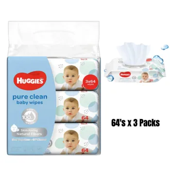 Huggies Pure Clean Hypoallergenic Baby Wipes 192pcs (3x64s) - Fragrance-Free & Fragrance-Free & Unscented Refills