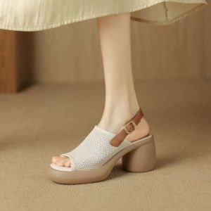Real Leather Womens Heels Sandals 5cm Heel Open Toe Summer Hollow Out Buckle Sandals
