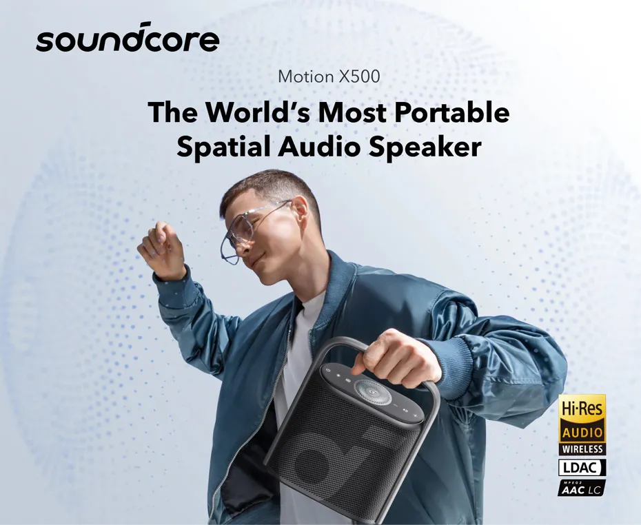 Soundcore Motion X500 Portable Bluetooth 5.3 Speaker, Call Wireless Speaker  with Immersive Spatial Audio, Wireless Hi-Res Sound with 3X Detail,  3-Channel Audio Speaker