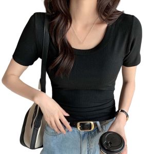 GOOTRADES Slim Korean Y2K Crop Tops Solid Color Round Neck Black White Grey T-shirt Korean Style Short Sleeves Slim Short T-shirt Summer Daily
