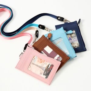 SONHO PU Leather Card Badge Holder Neck Lanyard Coin Purse Student Card Bag School Use Zipper Pocket ID Card Holder Office Supplies