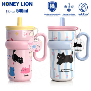 HoneyLion กระติกน้ำเครื่องดูดฝุ่น ลายแมว 540ml เก็บความเย็น 12ชม. - กันรั่ว 360° มี charm แมว 2 วิธีดื่ม ใช้ในรถ ในสำนักงาน