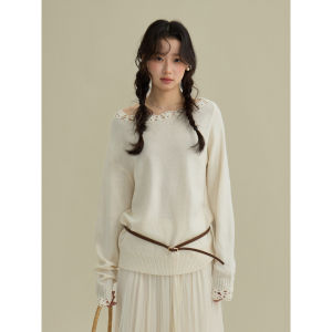 2026 Early Autumn New Vintage Hand Crochet Lace Trim Off Shoulder Knit Top Women Elegant Sweater