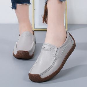 Womens Soft Cowhide Casual Shoes For Women Loafer Shoes Leather Slip Ons Moccasins Topsider Ladies Flat Shoes
