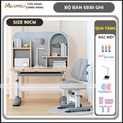 Bộ bàn ghế chống gù chống cận Lumili D90 size 90cm nâng hạ độ cao nghiêng mặt bàn bàn ghế chống gù có kệ sách cho bé
