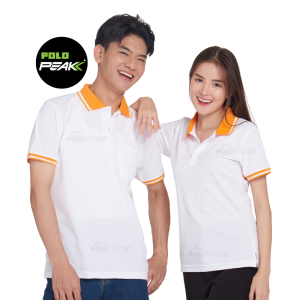 เสื้อโปโลสีขาว ปกส้มริ้วขาว Polopeak