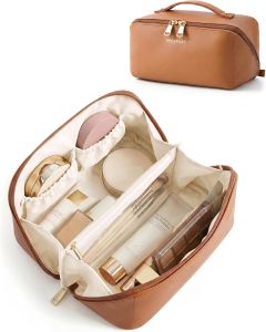 BAGSMART Makeup Bag Travel Cosmetic Bag Large Make Up Bag Flat Open Toiletry Bag for Women PU Leather Travel Essentials Organizer Case Wide-open Pouch Purse for Skincare Brushes Classic Brown