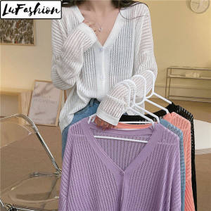 LuFashion Tops for Women Thin Korean Style Knit V-neck Slim Long Sleeve Casual Coat