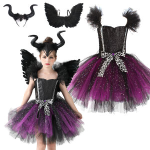 Halloween Childrens Witch/Queen/Princess Tail Dress Summer Mesh Purple Dress Tutu Dress Role Playing Costume Birthday party