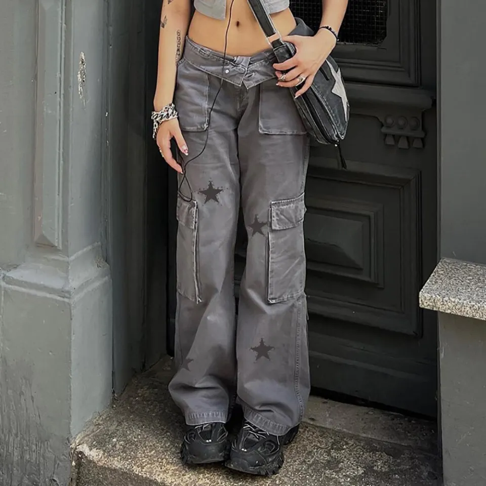 Simon Punk Streetwear Star Print Big Pockets Cargo Jeans Y2K