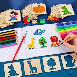20Pcs Kids Drawing Template Toys DIY Painting Wooden Stencils Cute Animal Plant Mixed Art Crafts