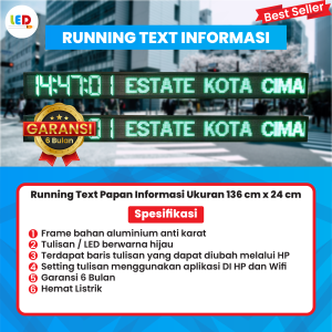 Running Text Papan Informasi P10 Warna Hijau Ukuran 136 cm x 24 cm