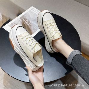 [Free Shipping] Thick-Soled Closed-Toe Half-Slipper Sandals For Women New Summer Style Platform Sole Height-Increasing Casual And Easy-To-Wear Canvas Half-Slipper Sandals