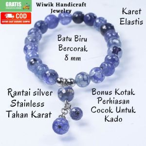 Gelang Tangan Wanita / Gelang Cewek Batu Beads Manau Biru 8 mm Dirangkai Karet dan Stainless Tahan Karat Untuk Kado Dan Hadiah