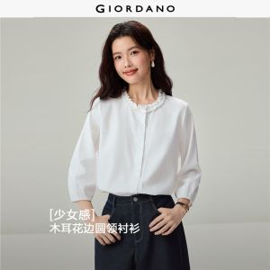 Giordano Women Ruffled round neck 3/4 sleeve shirt Free Shipping 05346865