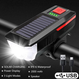 Bike Light Set and Horn Solar Powered USB Rechargeable 4 Mode Cycling Headlight Cycling Light