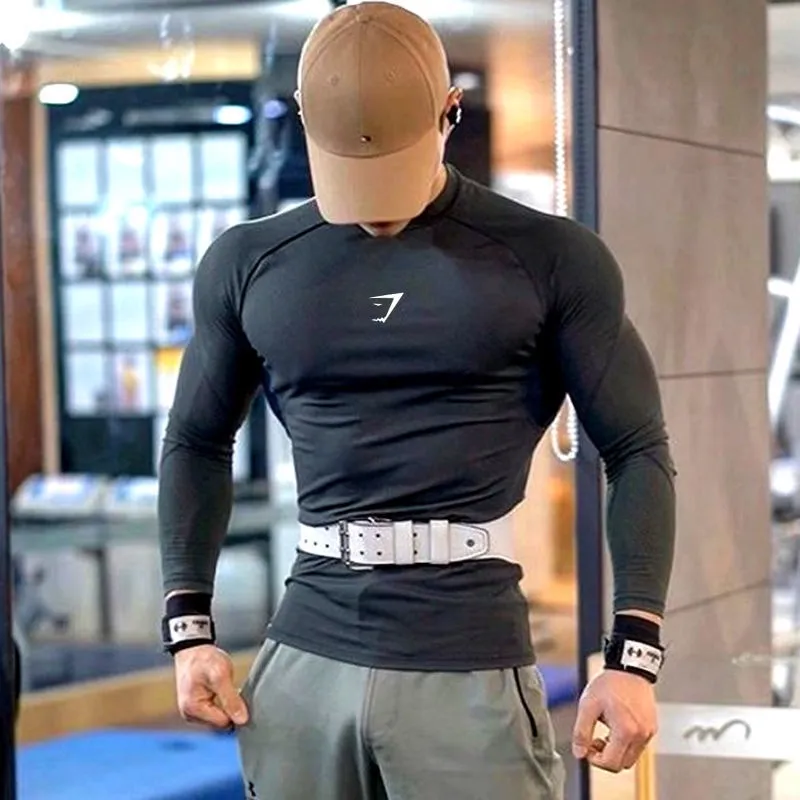 Gymshark Men's Long-sleeved Fitness Stretch Quick-drying Clothes Sports  Training Round Neck T Compression Tight