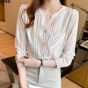 AFEG new Korean style V-neck fashion all-match geometric printing long-sleeved blouse for women