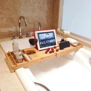 Non-Slip Retractable Bathtub Shelf Multifunctional Wood Bath Tub Organizer With Cup Wine Holder Soap Dish Book Space Phone Slot