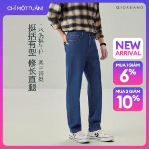 GIORDANO Men Jeans Woven Label Mid Rise Washed Denim Pants Five-Pocket Straight Leg Fashionable Casual Jeans 13116714