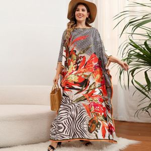 Boat-Neck Women Long Dress Loose Fit Silky Effortless Pullover Robe Batwing Kaftan Floor Length Abaya Turkey Tunic Dubai Caftan Stuning Flower Maxi Dress