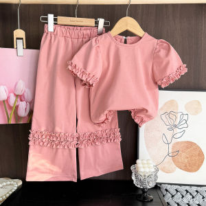 Menoea Korean Version Clothing Sets for Kids Girls Summer New Solid Color Ear Edge T-shirt Top+ Pants Two-piece Suits Childrens Clothes for Ages 3 To 7