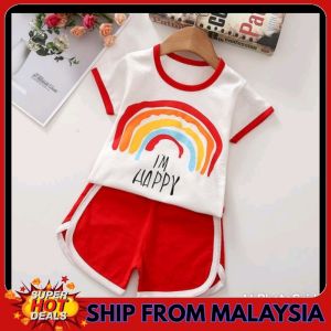 RAFF Kids Boy Girl Rainbow Clothing Baju Budak Cotton Short Sleeve Suits Children T-shirt+Short Pants Clothing Set