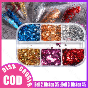 6 Grid/Kotak Manikur Foil Stiker Kreatif Menggemaskan Tekstur Mengkilap Hiasan Kuku Stiker Partikel Foil Nail Art DIY