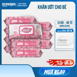 Thùng 10 gói khăn giấy ướt cao cấp an toàn cho bé Ecobi Ecowipes gói 80 tờ 560g Hương Dịu Nhẹ không cồn không paraben