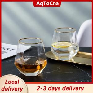 [COD] AqToCna Ship within 24 hours European Style Gold Edged Plastic Hexagonal Household Transparent Whiskey Glass Hexagonal Foreign Wine Glass