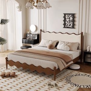 【Free Shipping】Cream Style Leather And Wooden Bed Frame SingleSuper SingleQueenKing Size Bed frame With Mattress Wooden Bed frame Leather Bed frame