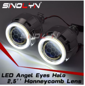 Sinolyn 2.5 Bixenonรังผึ้งเลนส์โปรเจคเตอร์Angel Eyes LED Haloแกะสลักสีฟ้าเลนส์H4 H7รถจักรยานยนต์ไฟหน้าretrofit H1 HIDหลอดไฟLED