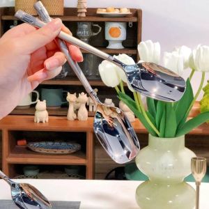 MKEB Glod/Silver Stainless Steel Coffee Spoon Long Handle Flat Bottom Teaspoon Kitchen Tools Polished Soup Spoon Ice Cream