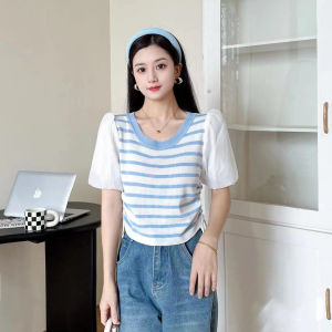 Atasan Wanita Dewasa Import Lengan Balon Shiffon Garis-Garis Tali Serut Sisi Model Kekinian