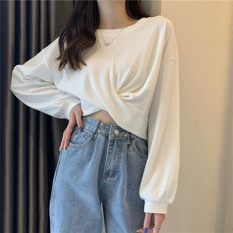 Korean Style Long Sleeve Crop Top Woman's Fashion Casual Loose Tops Long  Sleeve Plain T-shirt Clothes