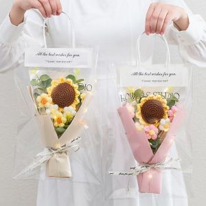 SJJL Glowing Crochet Flowers Bouquet LED Lights Knitted Eternal Simulated Flowers Romantic Mothers Day Gifts Puff Rose Flower Bouquet ValentineS Day
