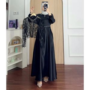 Gamis Dewasa Model Terbaru Sakura Dres Silk Premium Mix Brukat Aplikasi Payet Mutiara M L XL XXL 3XL Baju Muslimah Seragam Pengajian Dress Set Outer Brokat Ootd Kondangan Mewah Elegan