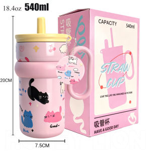 HoneyLion - Kawaii Cute Cat Insulated Tumbler 316 Stainless Steel | Vacuum Coffee Cup with Handle and Straw | 24H Cold Thermal Flask Aesthetic Tumbler