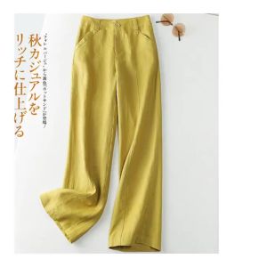 Women Cotton And Linen Wide Leg Pants Female Solid Color Loose Fitting Flax Straight Leg Trousers Ladies Leisure Flax Pantalons