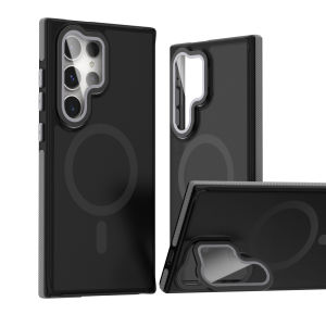 Kisscase hai màu mờ với giá đỡ ống kính vỏ điện thoại cho Samaung S24 S23 S22 Ultra Plus MagSafe sạc không dây bảo vệ toàn bộ PC mờ + vỏ lưng chống sốc chống rơi TPU cho Samaung S24 S23