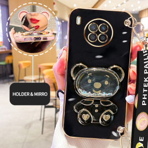 YBD Phone Case with Makeup Mirror for Huawei Y9A Nova 8i Mate 10 Pro Mate 20 Pro Mate 30 Pro Mate 40 Pro Mate 50 Pro Electroplated Quicksand Love Bear Bracket with Long lanyard (can be cross slung)