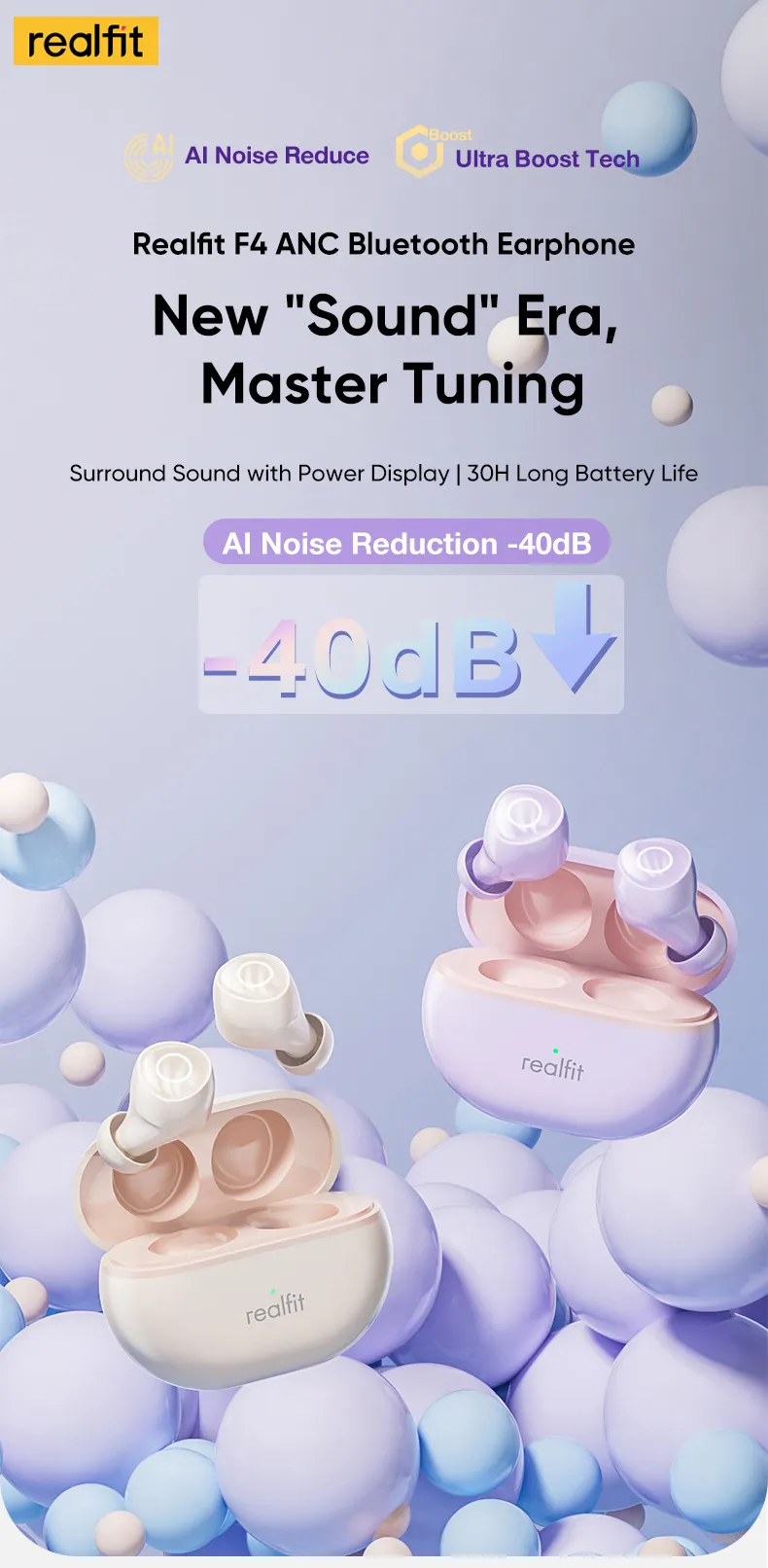 realfit F4 HiFi HD Bass หูฟัง Bluetooth 5.4 โทรชุดหูฟังบลูทูธไร้สาย ลดเสียงรบกวน ANC จับคู่ชุดหูฟังบลูทูธพร้อมไมโครโฟนอย่างรวดเร็ว