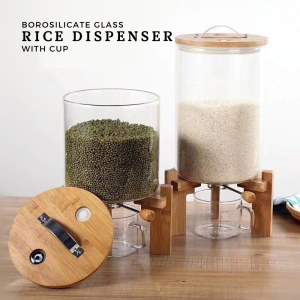 High Quality Borosilicate Glass Rice Dispenser with Bamboo Lid Aesthetic Design Kitchen Rice Grains Dry Food Storage Bin