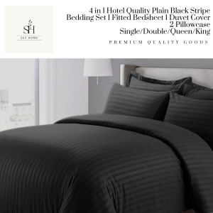 SevHome 4 in 1 Plain Black Stripes Bedsheet Sets | Cotton 400TC Hotel Quality Stripe Bedsheets | Beddings Bed sheet set with 1 Fitted Sheet with Garter 1 Duvet Comforter Quilt Cover 2 Pillow case | Size Single Double Queen King