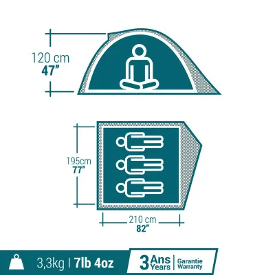 Decathlon Easy Assemble 3 Person Camping Tent (Portable Waterproof & Wind Resistant) - Quechua