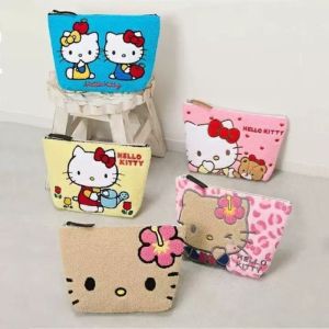 Anime Sanrio Cute Plush Embroidered Pencil Pouch Hello Kitty Makeup Bag Kawaii Portable Cartoon Stationery Storage Gifts