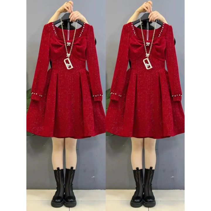 (50-90 KG) ĐẦM KIM TUYẾN NƠ ĐỎ ĐÍNH CƯỜM, CHẤT DẠ TWEED CAO CẤP, RỰC RỠ ...