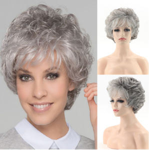 Cross-border wig European and American fashion small roll old lady hood short hair gradual change grandma gray wig chemical fiber hood