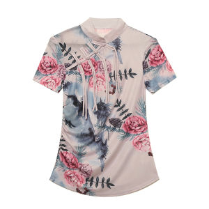 REHIN Vintage-inspired Womens Short Sleeve T-shirt with Chinese-style Buckle Stand-collar Ink Painting Print and Skin-friendly Comfortable Fit S-3XL Top