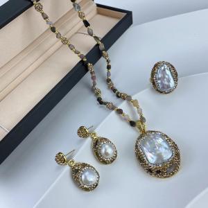 New Design Full Rhinestone & Raw Gemstone Large Freshwater Pearl Jewelry Set Strand Necklace Earring Sets Barquose Shape H260610